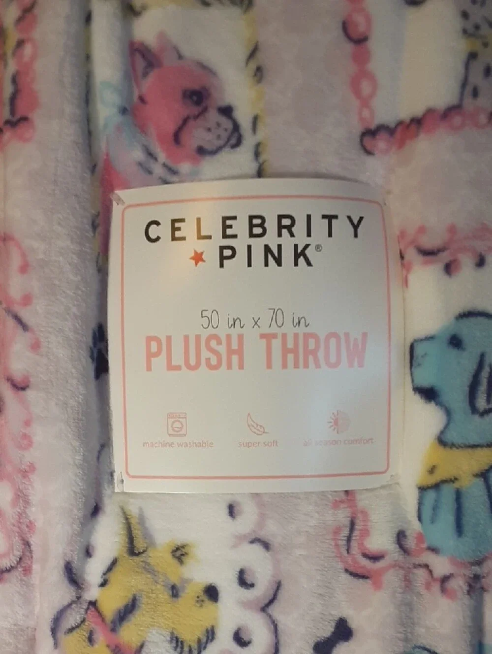 Celebrity Pink Pastel Dog Plush Throw - Pink, Blue, Yellow, Cream